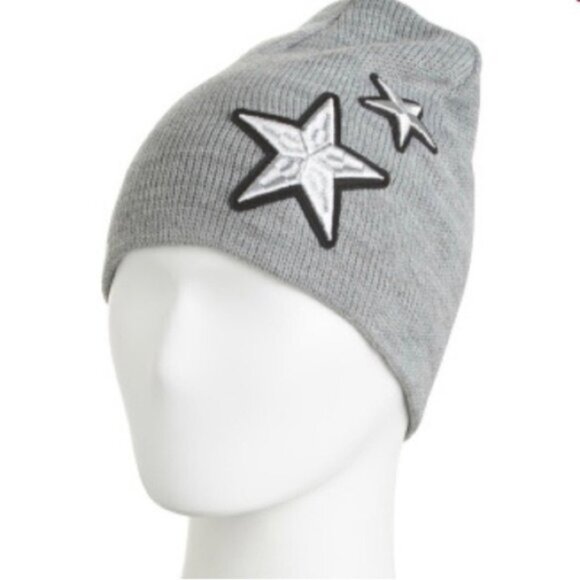 Rebecca Minkoff Womens Star Patch Sequin Beanie Heather Grey Winter Hat - Picture 1 of 8